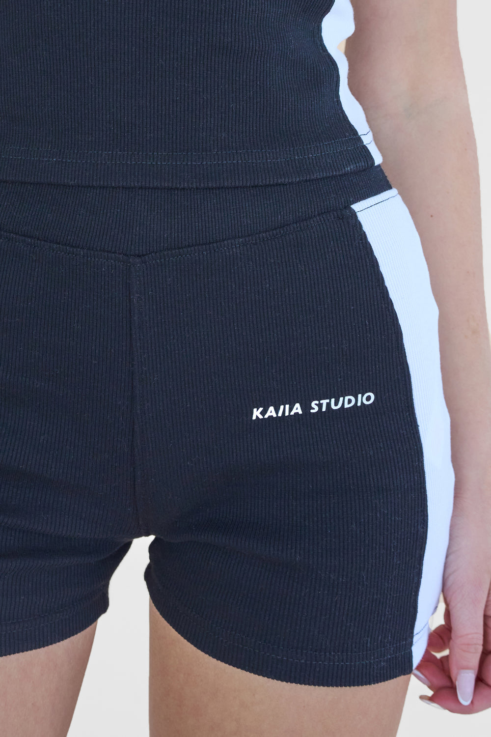 Kaiia Studio Contrast Panel Ribbed Mini Shorts Black & White