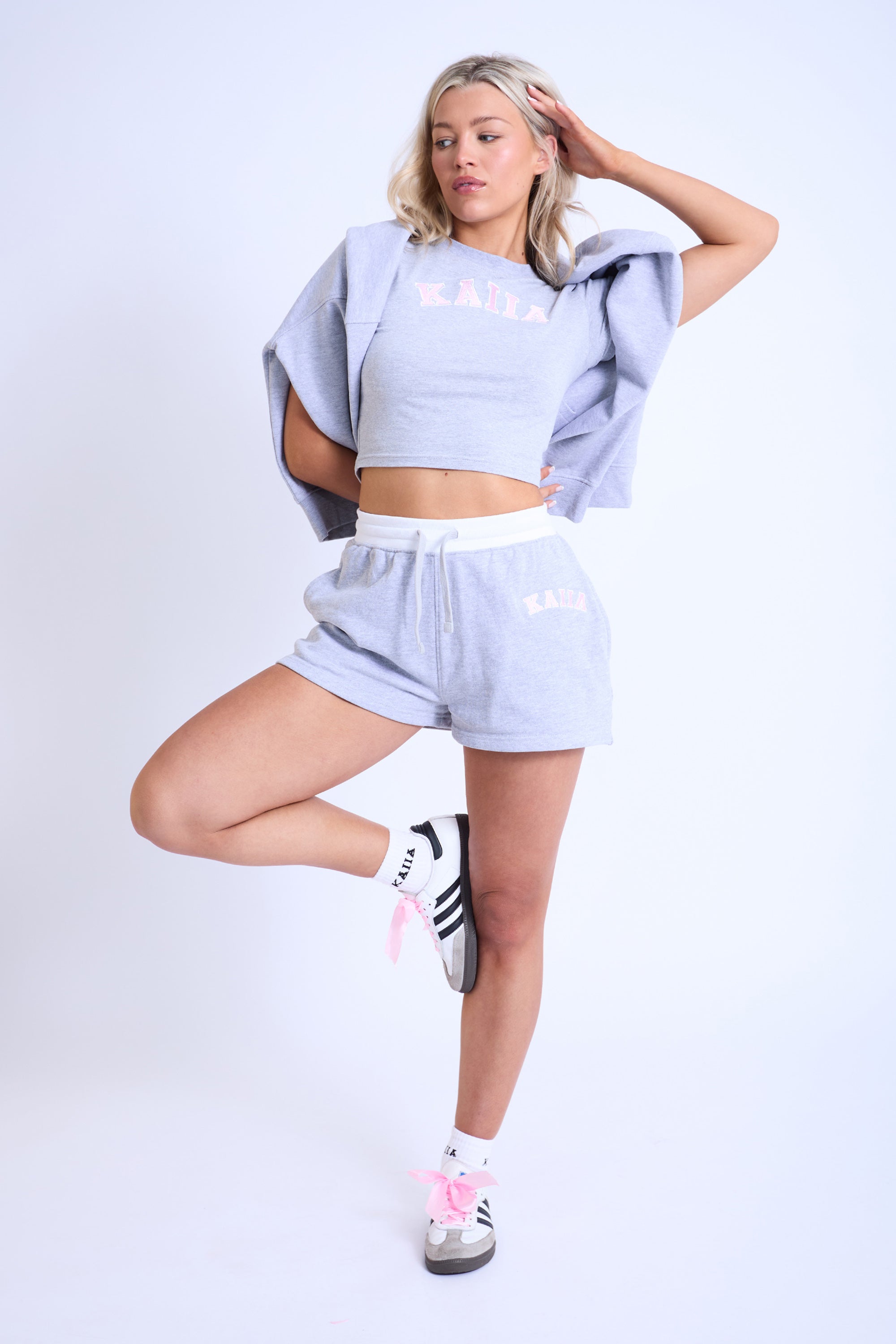 Kaiia Contrast Waistband Sweat Shorts Grey Marl & Pink