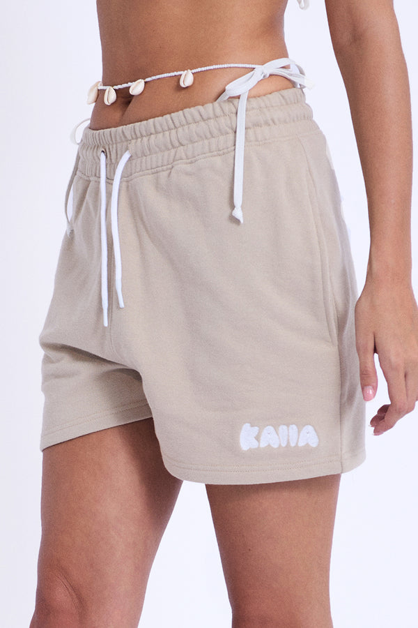 Kaiia Embroidered Bubble Logo Sweat Shorts Stone