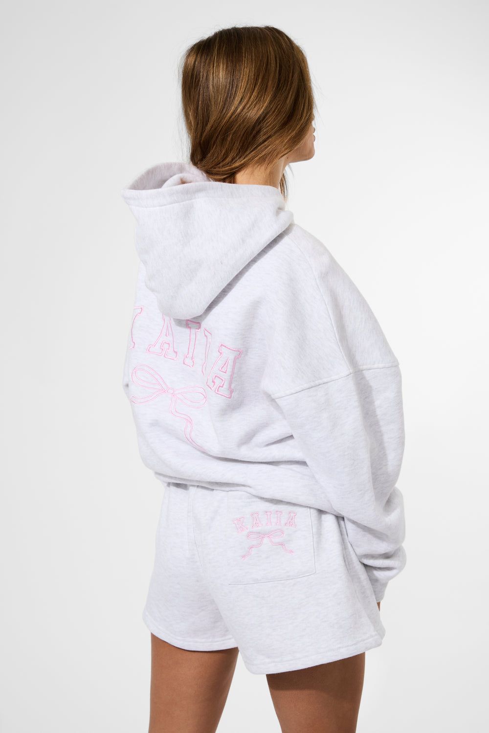 Kaiia Bow Embroidered Sweat Shorts Light Grey Marl & Baby Pink