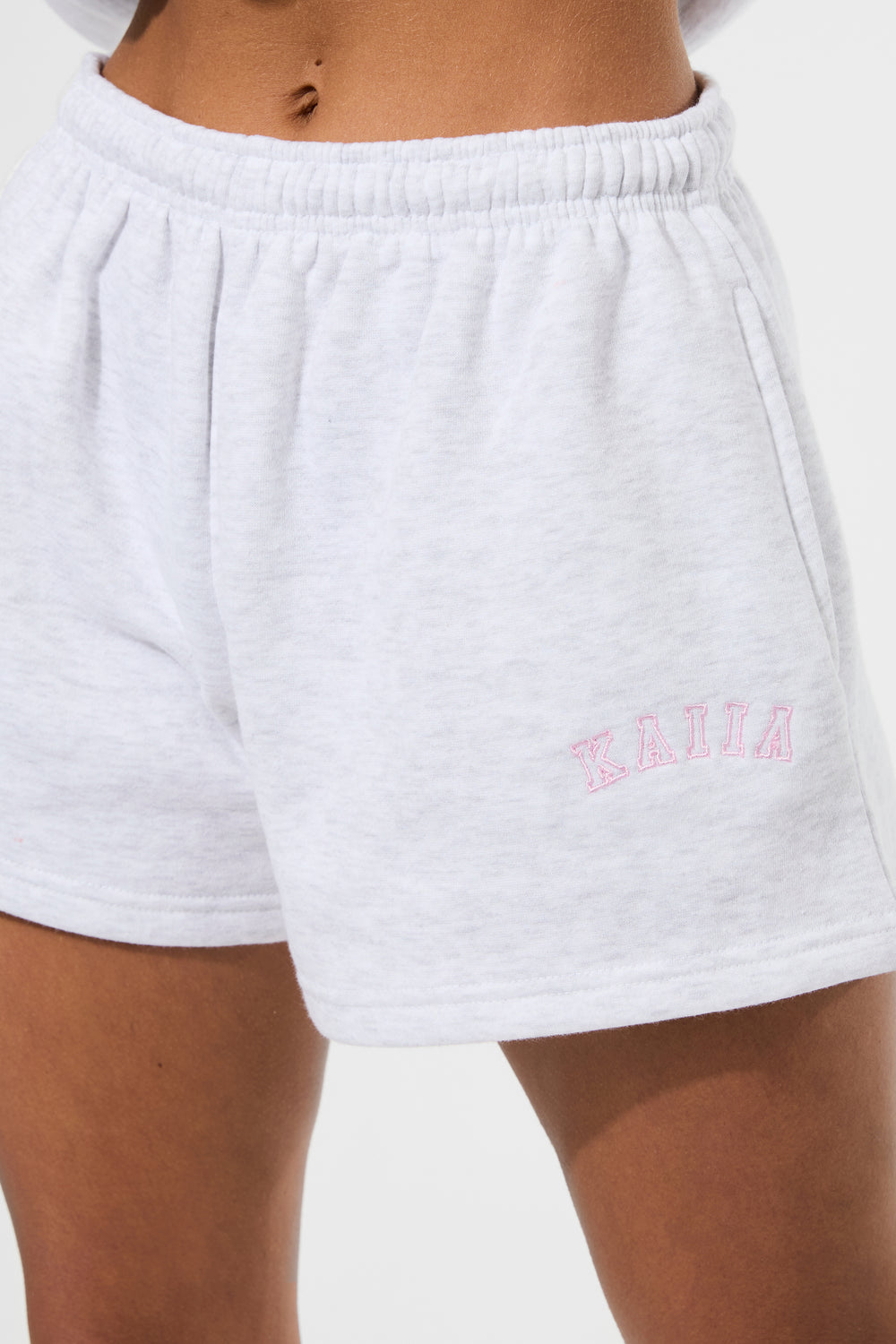 Kaiia Bow Embroidered Sweat Shorts Light Grey Marl & Baby Pink
