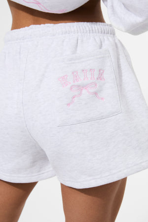 Kaiia Bow Embroidered Sweat Shorts Light Grey Marl & Baby Pink