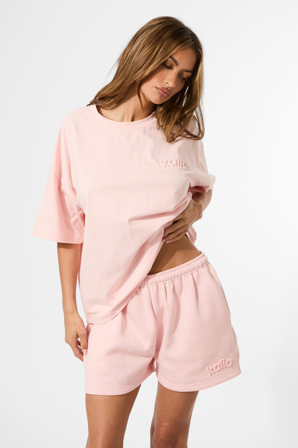 Kaiia Embossed Logo Sweat Shorts Sugar Pink