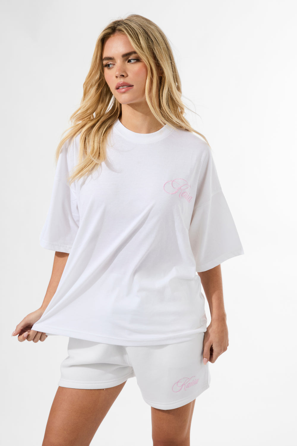 Kaiia Studio Script Logo Sweat Shorts White & Pink