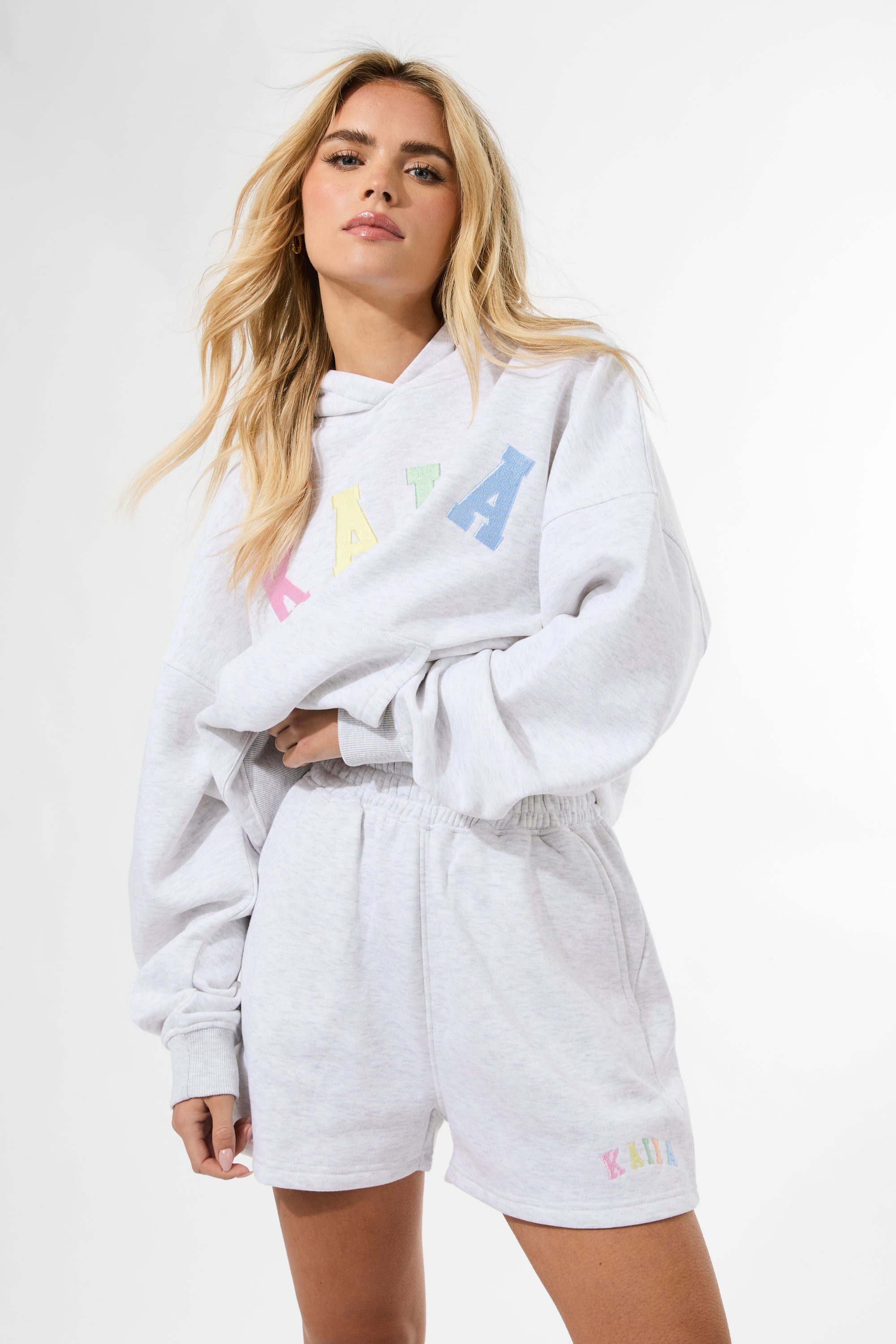 Kaiia Rainbow Logo Sweat Shorts Light Grey Marl