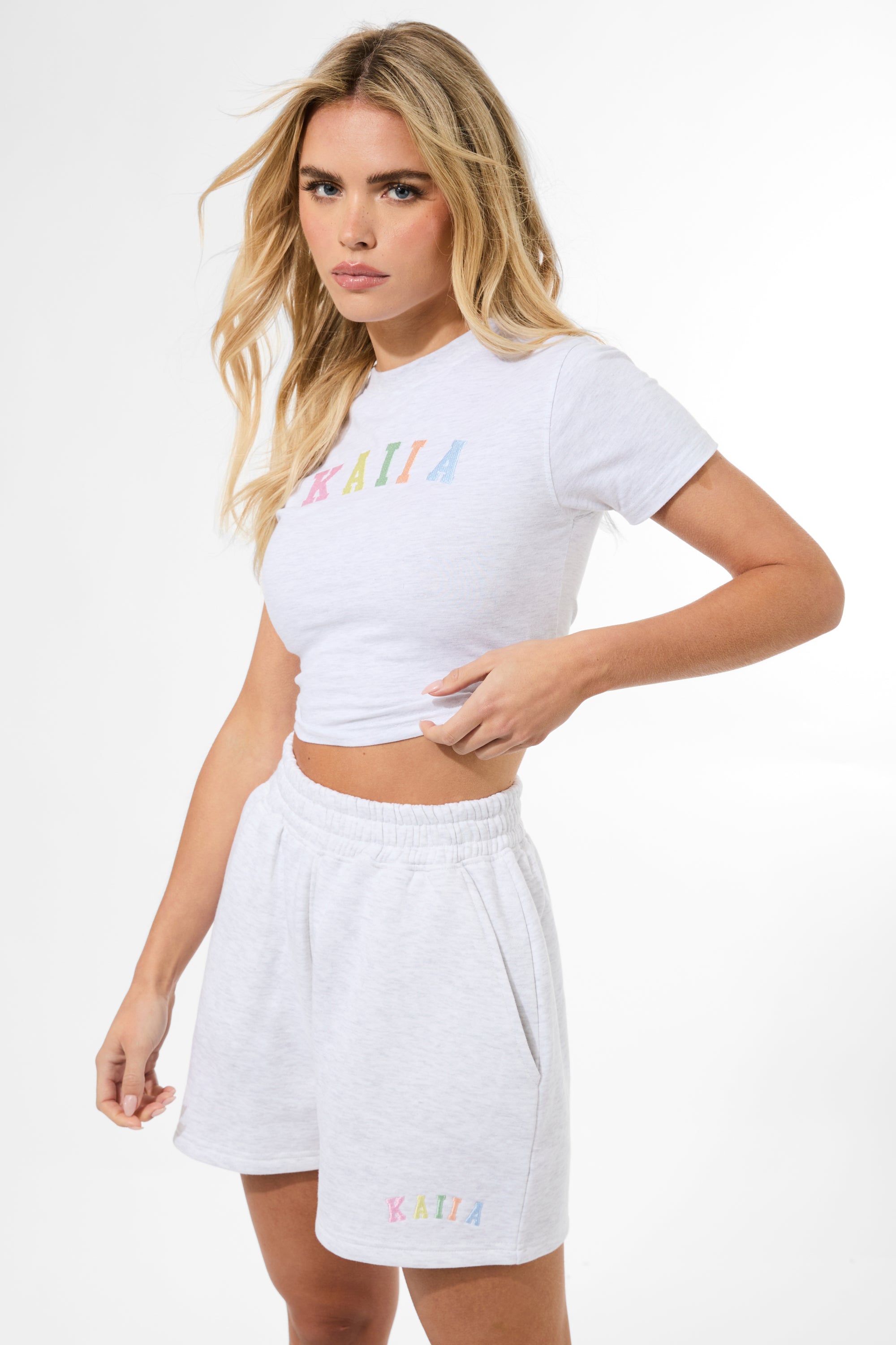 Kaiia Rainbow Logo Sweat Shorts Light Grey Marl