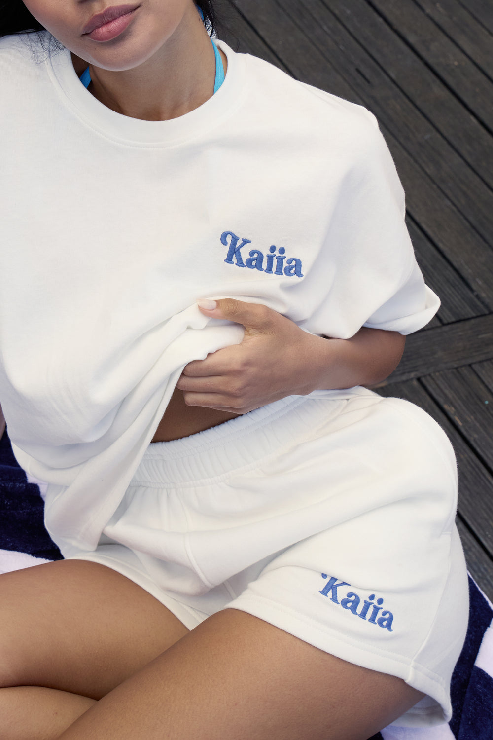Kaiia Logo Mini Sweat Shorts Cream & Blue