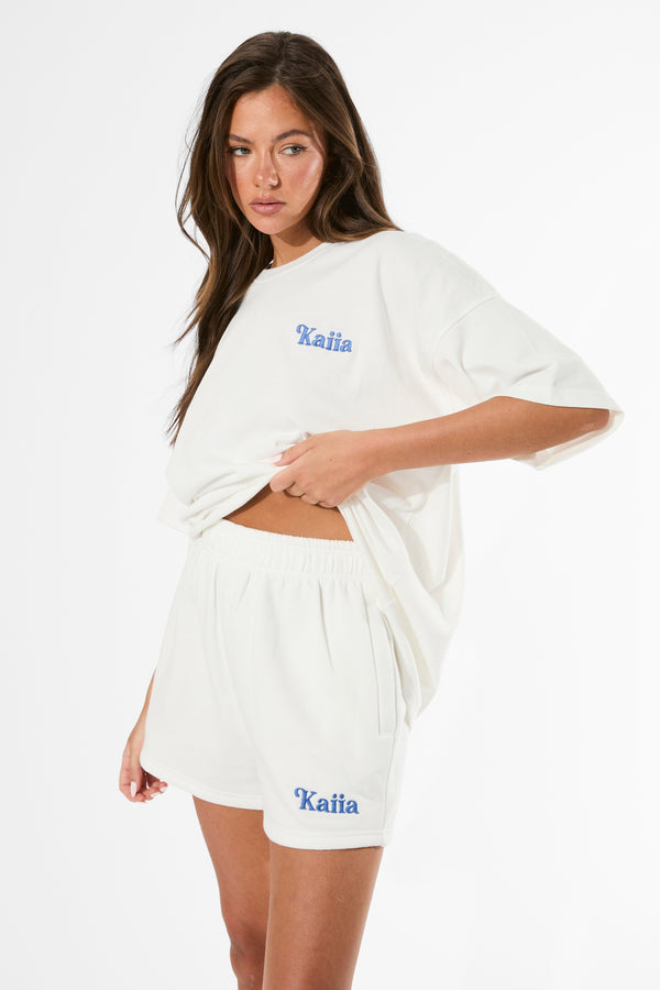 Kaiia Logo Mini Sweat Shorts Cream & Blue