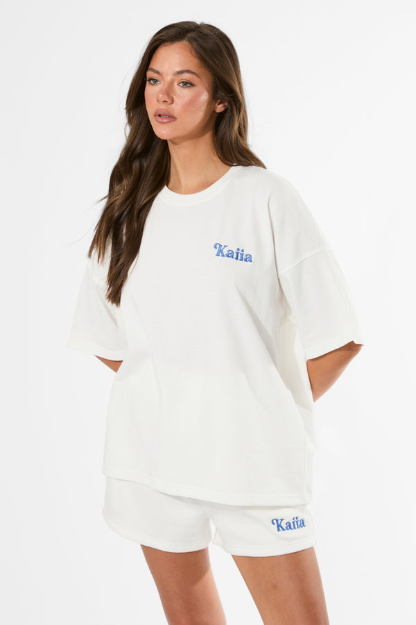 Kaiia Logo Mini Sweat Shorts Cream & Blue