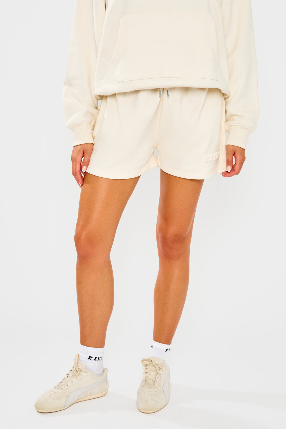 Kaiia Embossed Bubble Logo Mini Sweat Shorts Almond Milk