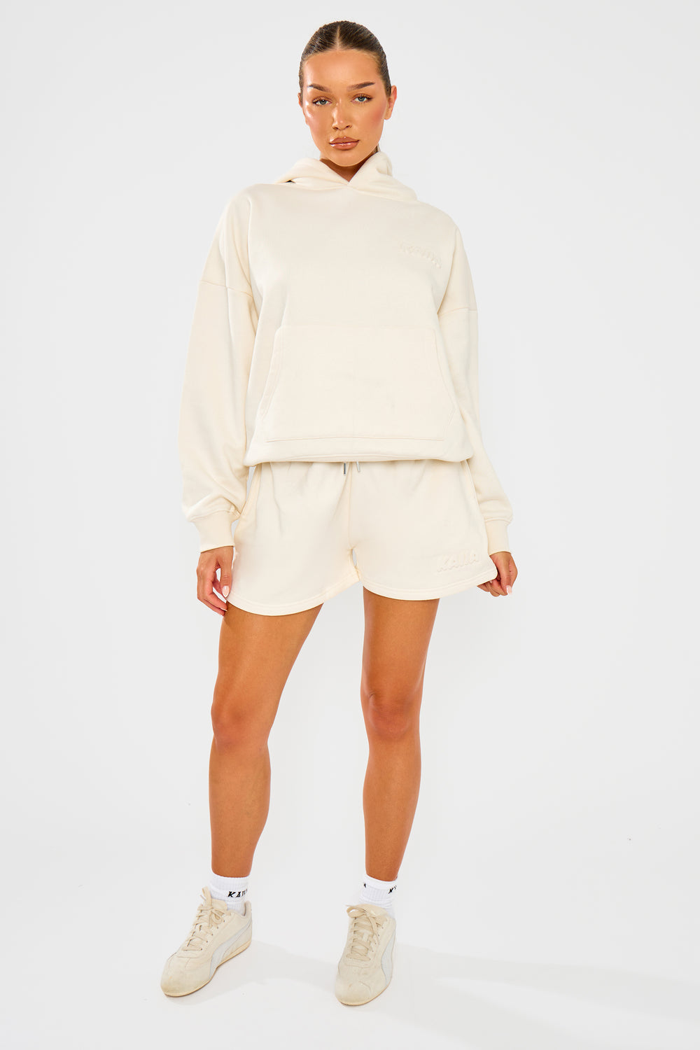 Kaiia Embossed Bubble Logo Mini Sweat Shorts Almond Milk
