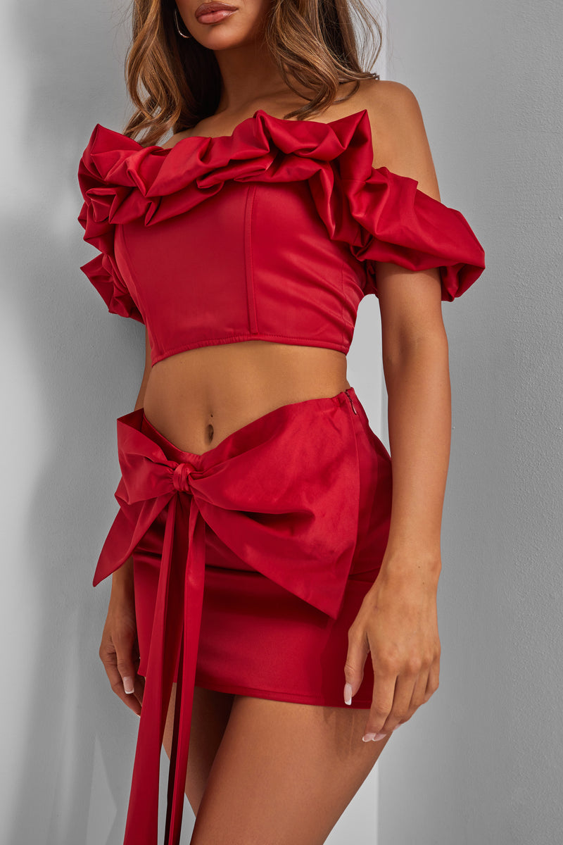 Kaiia Ruffle Bardot Top Co-ord in Red