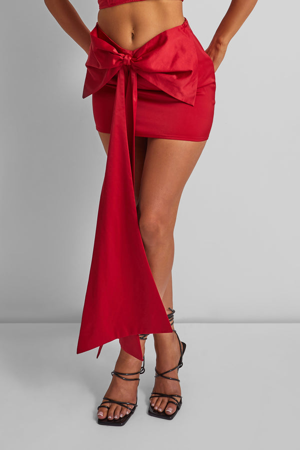 Kaiia Oversized Bow Sash Mini Skirt Co-ord in Red