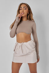 DRAWSTRING WAIST CARGO MINI SKIRT STONE