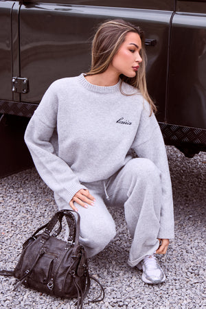 Kaiia Script Knit Oversized Sweatshirt Light Grey