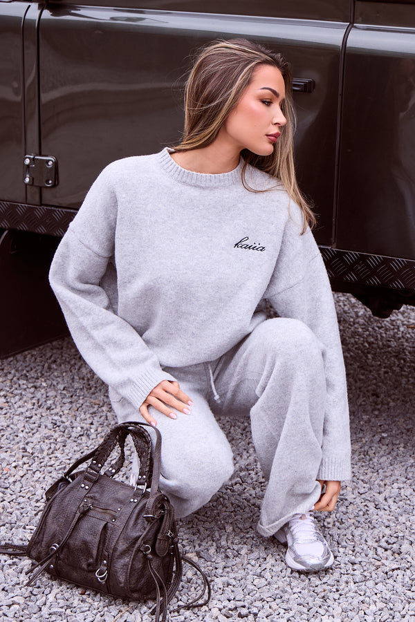 Kaiia Script Knit Oversized Sweatshirt Light Grey
