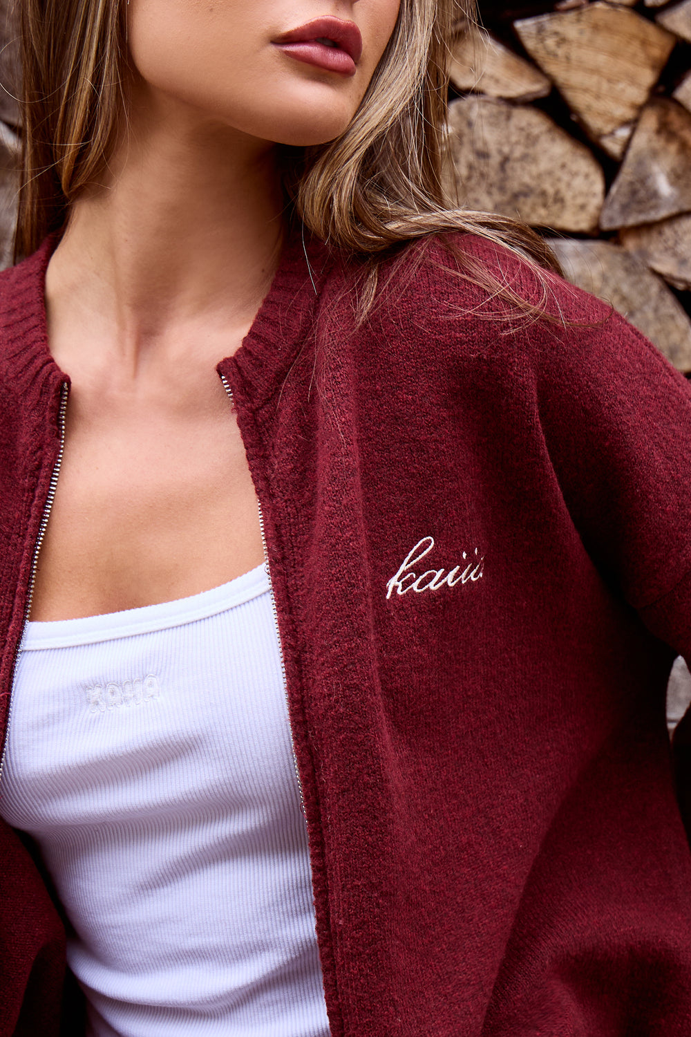 Kaiia Knit Zip Up Bomber Style Cardigan Burgundy