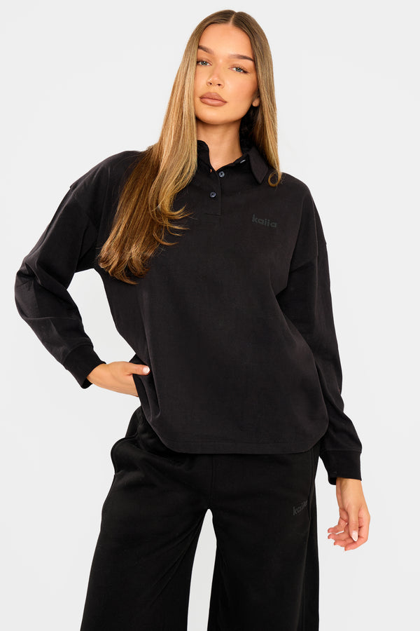Kaiia Oversized Cotton Polo Top Black