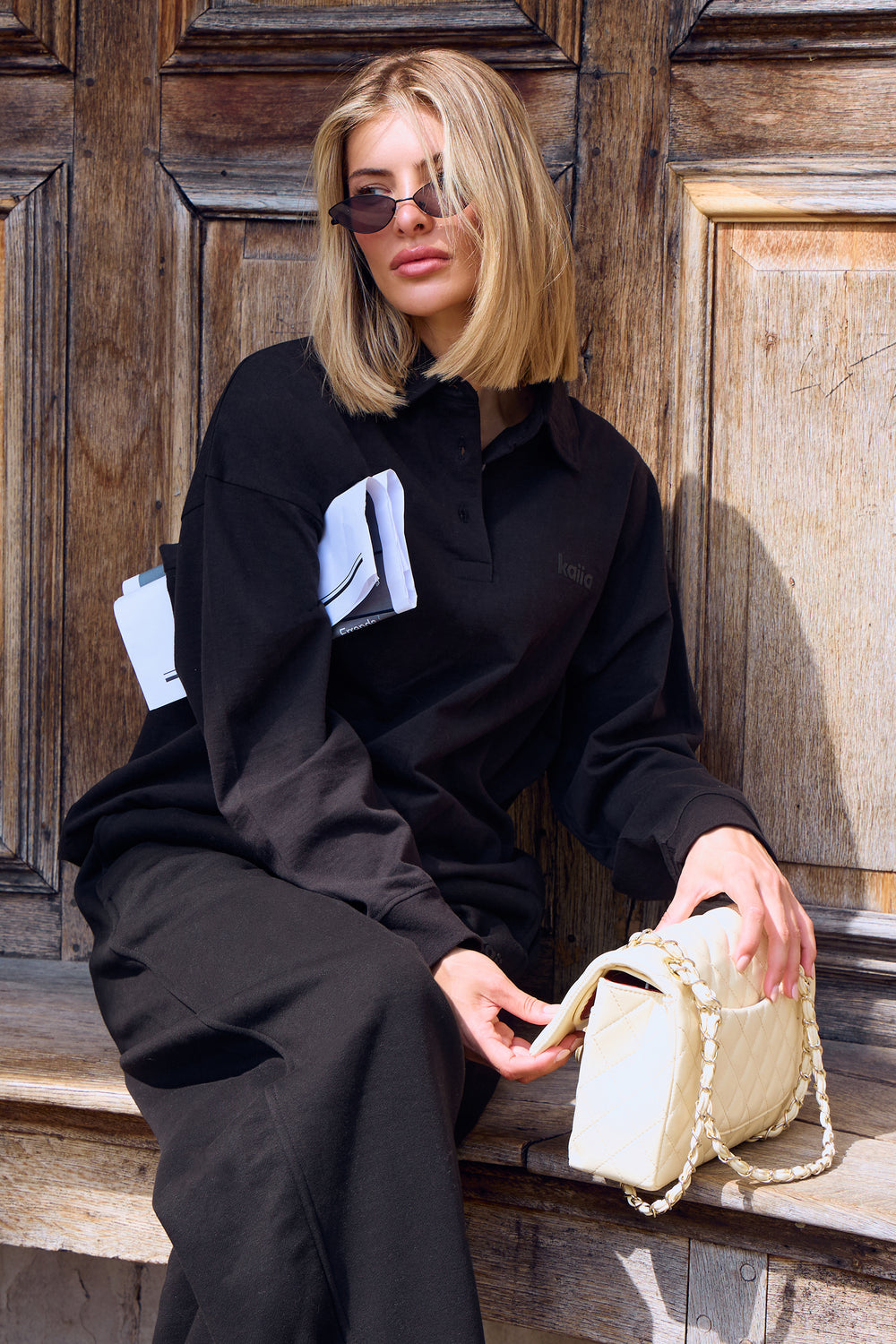 Kaiia Oversized Cotton Polo Top Black