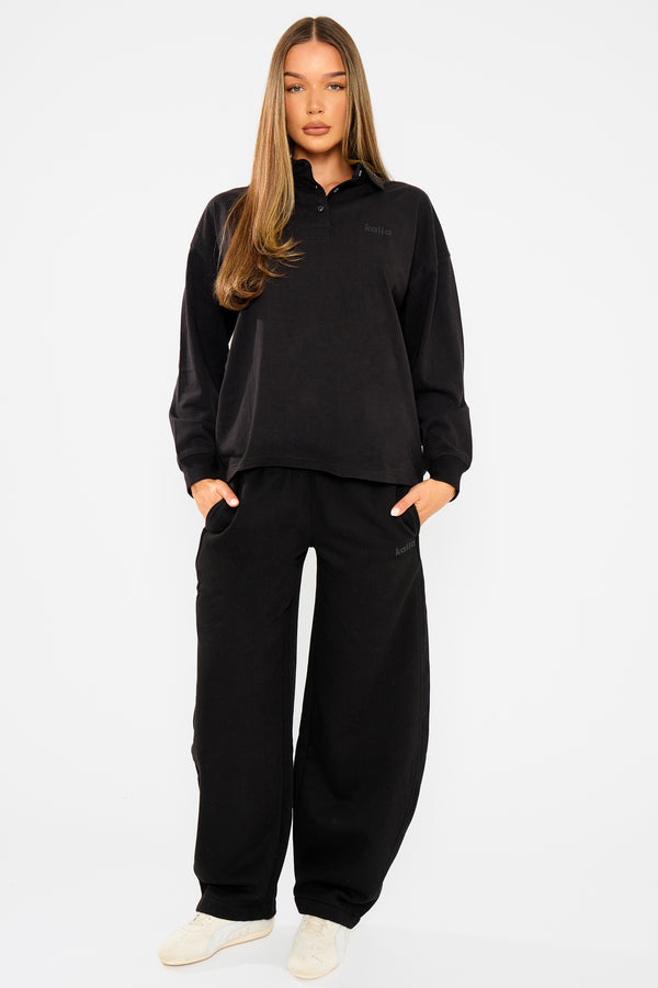 Kaiia Oversized Cotton Polo Top Black