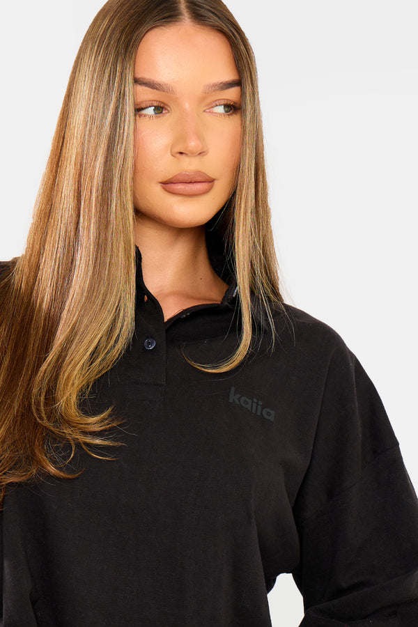 Kaiia Oversized Cotton Polo Top Black