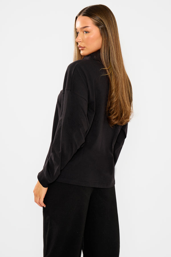 Kaiia Oversized Cotton Polo Top Black