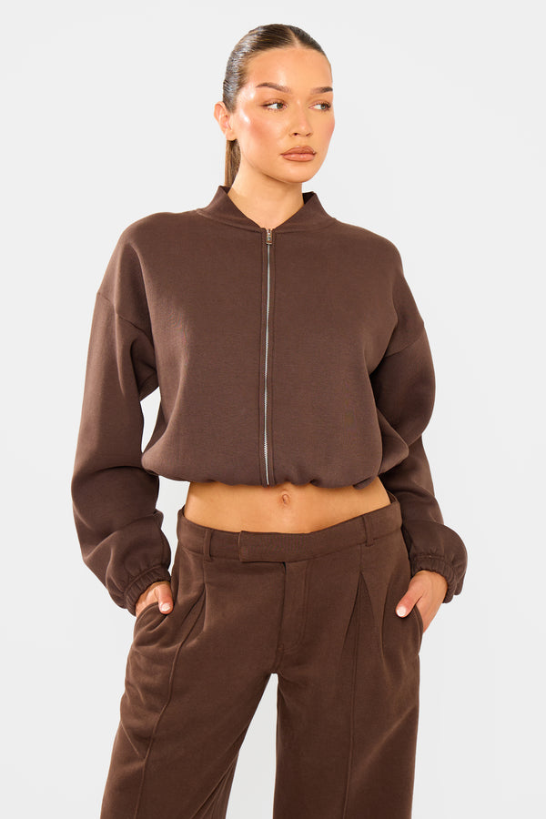 Kaiia Zip Through Bomber Style Sweatshirt Dark Brown