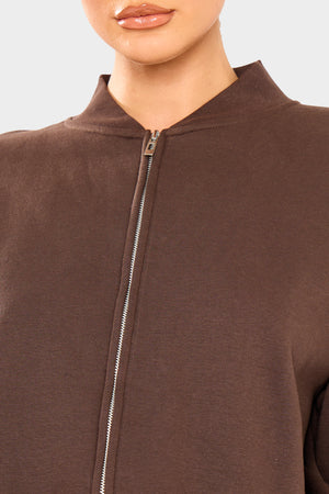 Kaiia Zip Through Bomber Style Sweatshirt Dark Brown