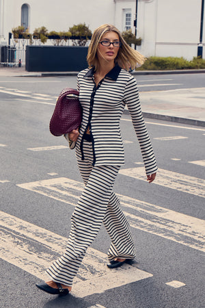 Kaiia Striped Rib Button Down Oversized Top Black & White