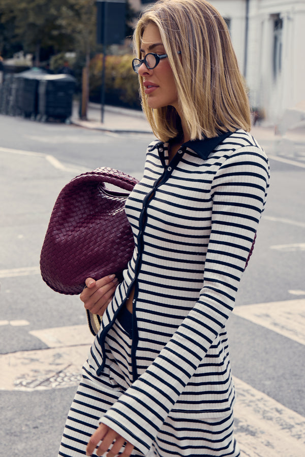 Kaiia Striped Rib Button Down Oversized Top Black & White