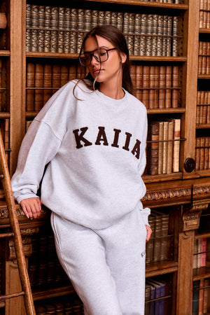 Kaiia Slogan Oversized Sweatshirt Light Grey Marl & Brown