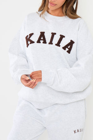 Kaiia Slogan Oversized Sweatshirt Light Grey Marl & Brown