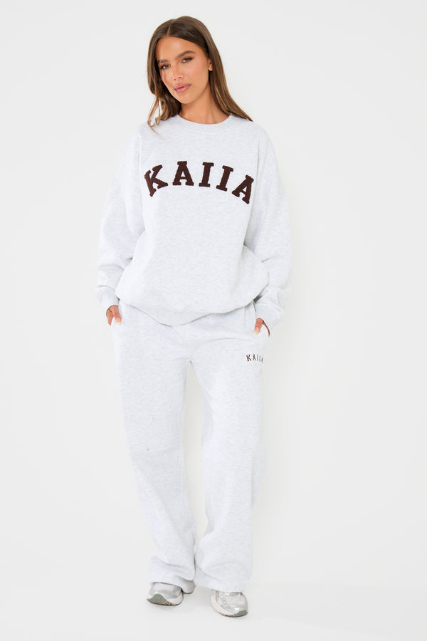 Kaiia Slogan Oversized Sweatshirt Light Grey Marl & Brown