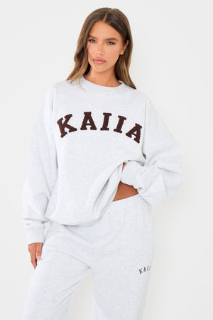 Kaiia Slogan Oversized Sweatshirt Light Grey Marl & Brown