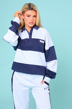 Kaiia Striped Oversized Rugby Sweatshirt Navy & Grey Marl