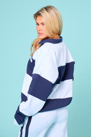 Kaiia Striped Oversized Rugby Sweatshirt Navy & Grey Marl