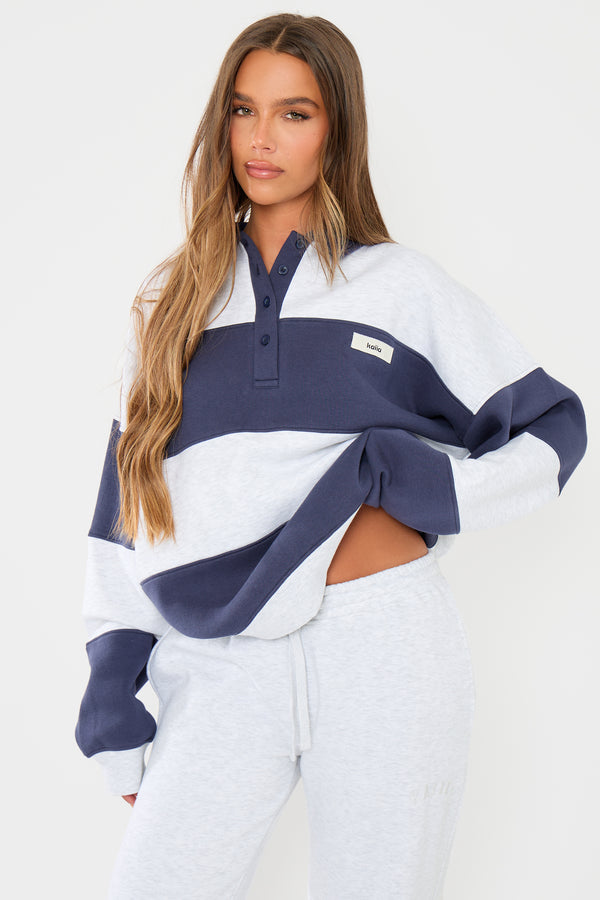 Kaiia Striped Oversized Rugby Sweatshirt Navy & Grey Marl