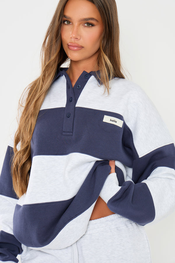 Kaiia Striped Oversized Rugby Sweatshirt Navy & Grey Marl