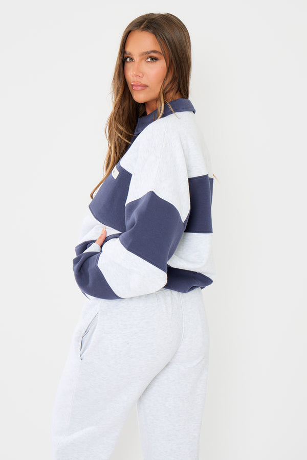 Kaiia Striped Oversized Rugby Sweatshirt Navy & Grey Marl
