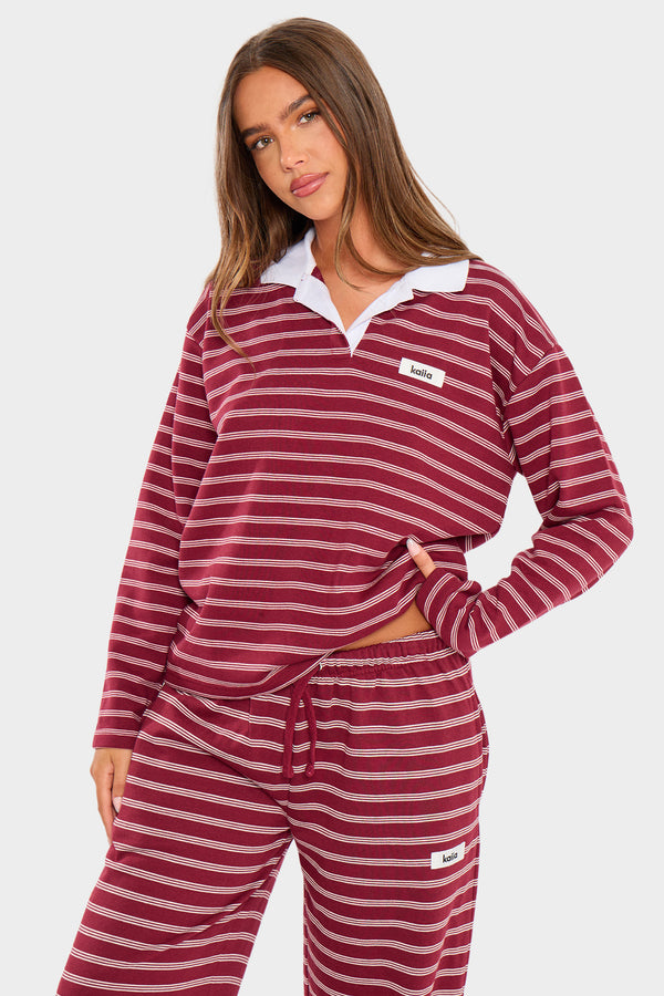 Kaiia Striped Oversized Rugby Shirt Burgundy & Cream