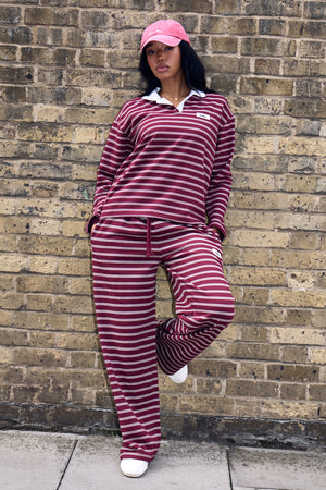 Kaiia Striped Oversized Rugby Shirt Burgundy & Cream