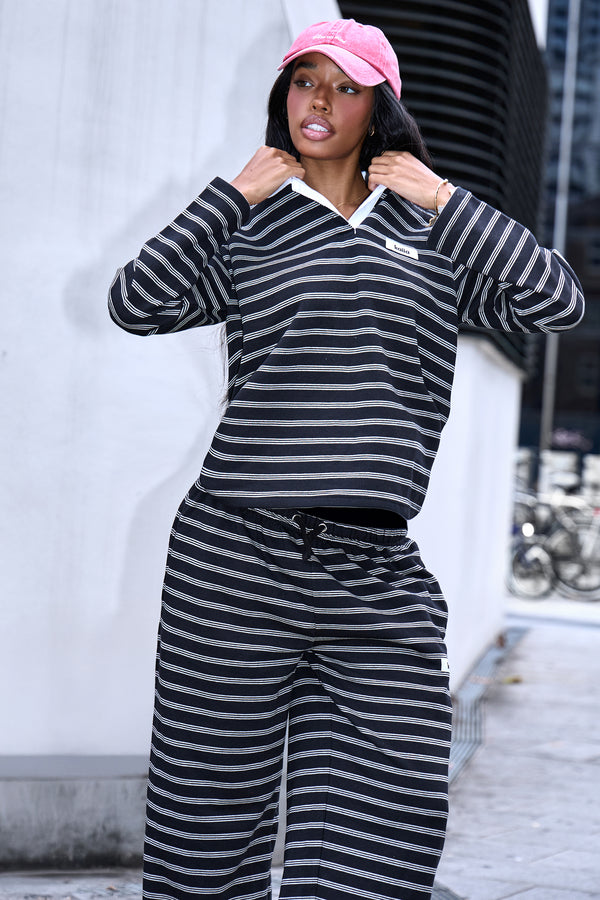 Kaiia Striped Oversized Rugby Shirt Black & Cream