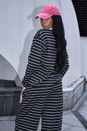 Kaiia Striped Oversized Rugby Shirt Black & Cream