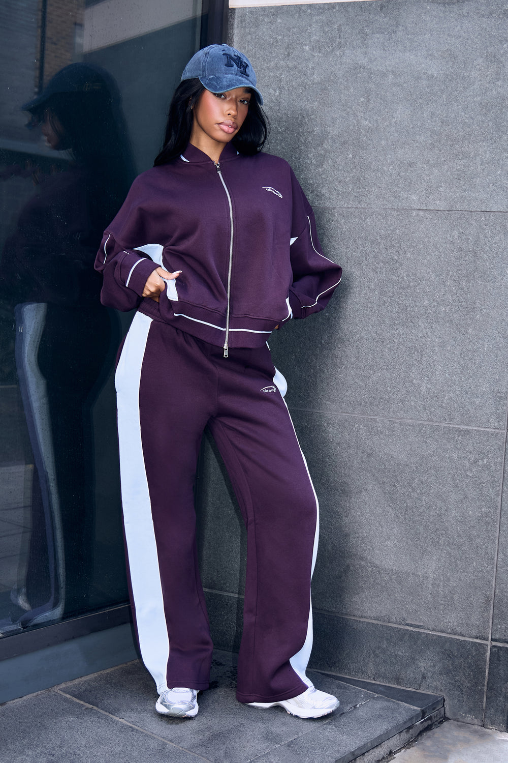 Kaiia Contrast Boxy Bomber Style Sweatshirt Burgundy & Baby Blue