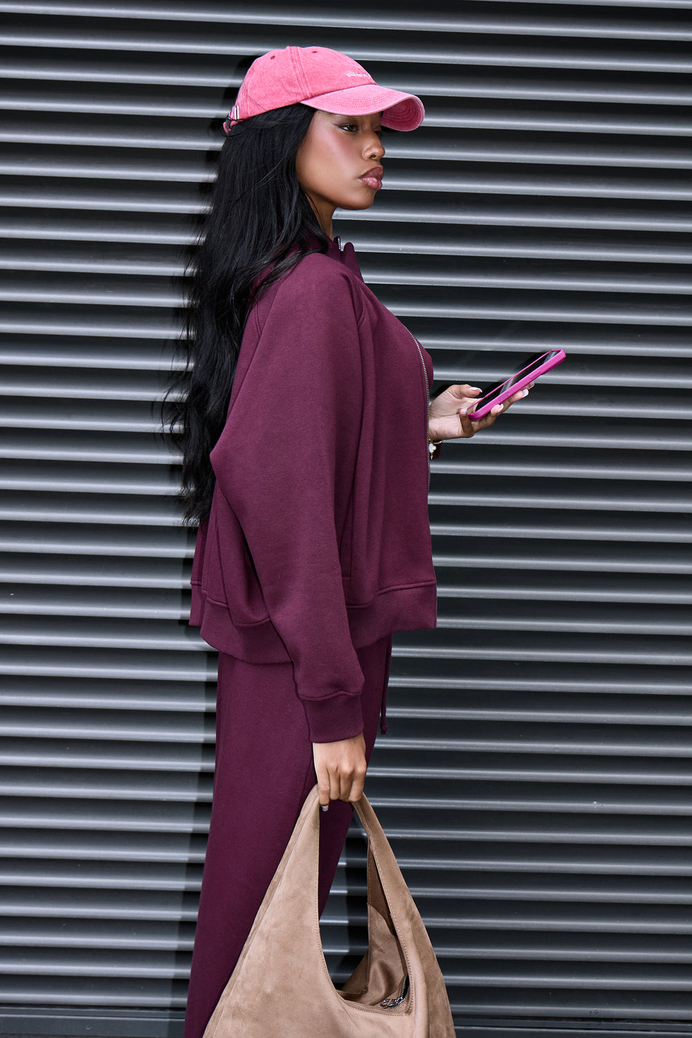 Kaiia Label Logo Boxy Zip Through Sweatshirt Plum