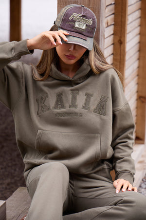 Kaiia Slogan Oversized Hoodie Warm Khaki