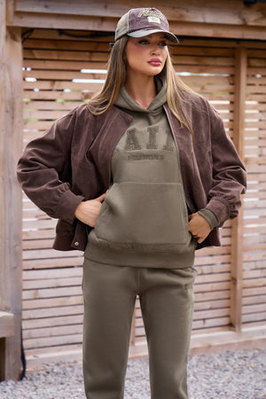 Kaiia Slogan Oversized Hoodie Warm Khaki