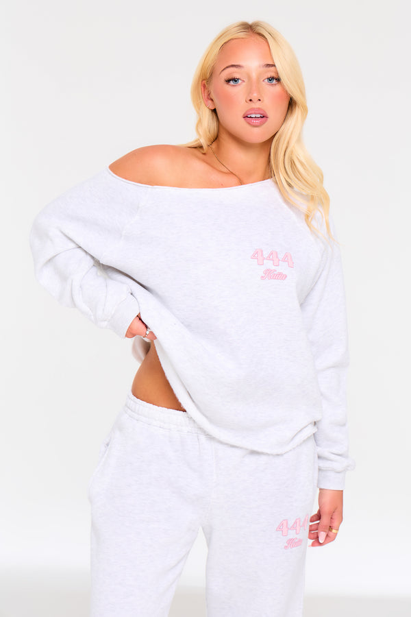 Kaiia 444 Off the Shoulder Sweatshirt Light Grey Marl & Pink