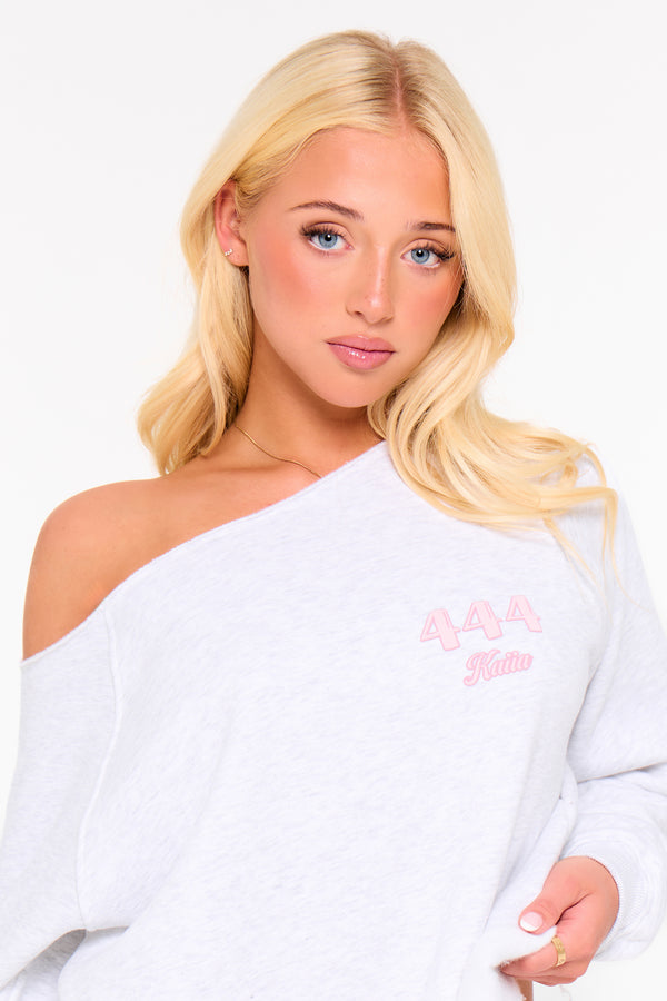 Kaiia 444 Off the Shoulder Sweatshirt Light Grey Marl & Pink