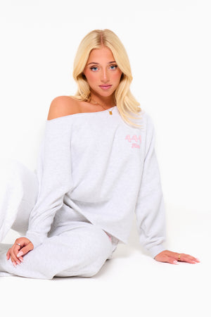 Kaiia 444 Off the Shoulder Sweatshirt Light Grey Marl & Pink